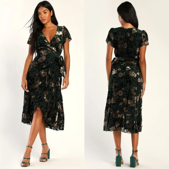 Lulus Chic Status Emerald Green Floral Velvet Burnout Wrap Midi Dress M Wedding - Picture 1 of 10